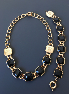 Vintage中古AV0N印花打标周年纪念款黑色方块手链项链套装