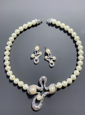 Vintage中古 设计师款白金色肌理几何造型琉璃珍珠短项链耳环套装