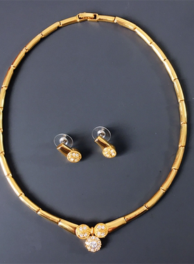 Vintage中古西洋回流质感极简百搭莱茵石耳钉窄款项圈项链套装