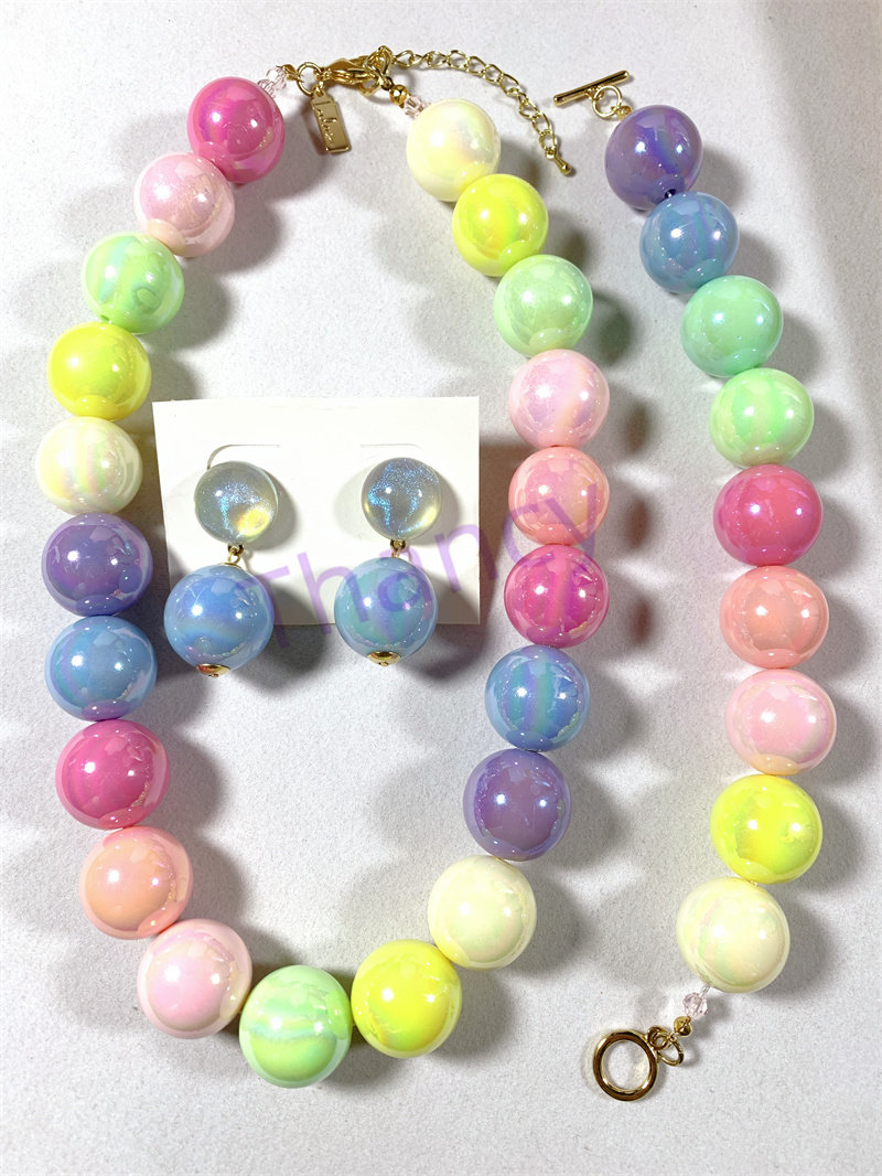 Vintage中古LULUS打标粉嫩糖果色2CM大颗彩虹珠项链耳环手链套装