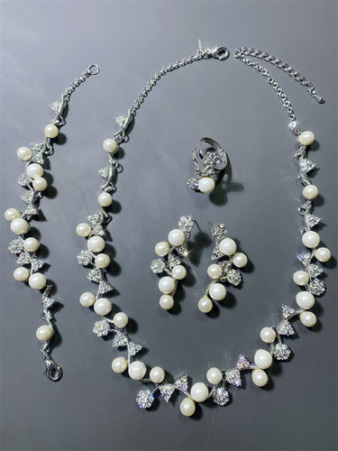 Vintage中古 AV0N打标唯美琉璃珍珠花藤造型耳环手链戒指项链套装