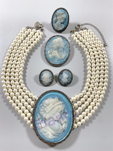 中古LOS ANGELES打标蓝色卡梅奥人造珍珠项链戒指耳钉胸针套装