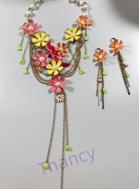 BJ打标珐琅花朵复杂耳环项链套装