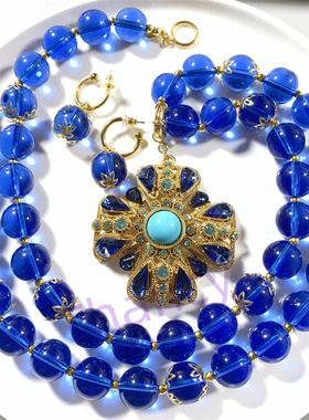 JR打标蓝色琉璃项链毛衣链耳环