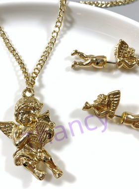 立体金色小天使耳钉项链套装