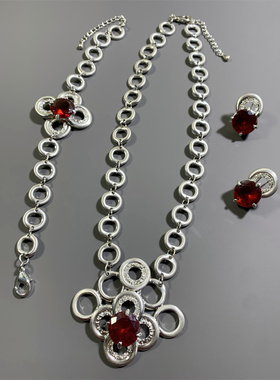 Vintage欧洲西洋古董首饰MN打标酒红水晶拉丝银色耳钉手链项链套