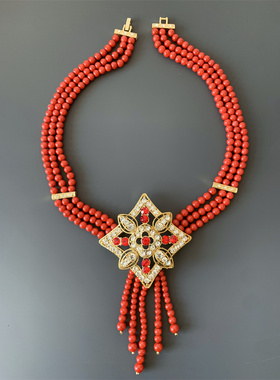 Vintage中古 喜庆新娘配饰中国红色琉璃珠多层菱形流苏坠项链