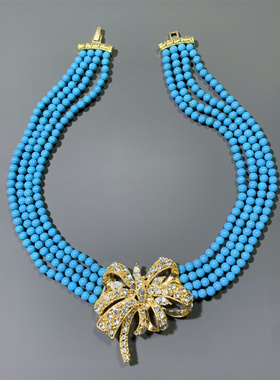 Vintage中古 松石蓝色琉璃珠多层夸张蝴蝶结造型坠短款项链女