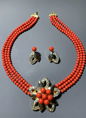 Vintage中古 喜庆新娘配饰本命年中国红琉璃珠多层短项链耳钉套装