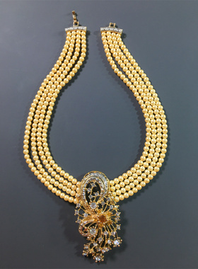 Vintage中古 香槟色气质优雅复古百搭多层琉璃珍珠莱茵石坠项链