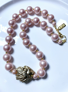 双面狮子头粉色琉璃珍珠短款项链