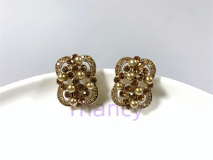 Vintage美国CAROLEE打标名媛风复古金咖色气泡珍珠满钻无耳洞耳夹