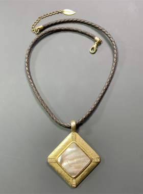 Vintage中古Coldwater Creek打标天然彩贝镶嵌皮绳短款项链