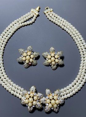 Vintage中古 雪花造型夸张个性复古百搭多层琉璃珍珠项链耳钉套装