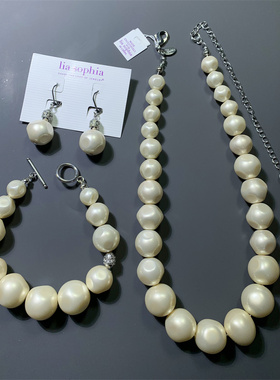 Vintage 特价推！SP打标不规则面琉璃珍珠质感耳环手链项链套装