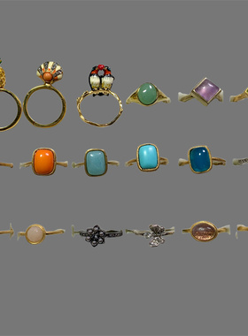 Vintage中古 LES/J C打标天然石头镶嵌立体珐琅精致百搭戒指合集