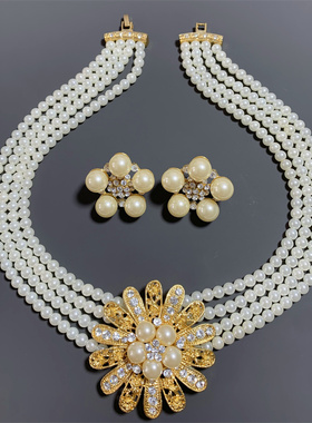 Vintage中古 重工纯白色多层琉璃珍珠金色花朵耳钉短款项链套装