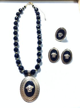 Vintage中古 MN打标个性黑金狮子头椭圆琉璃珠夸张项链耳钉戒指套