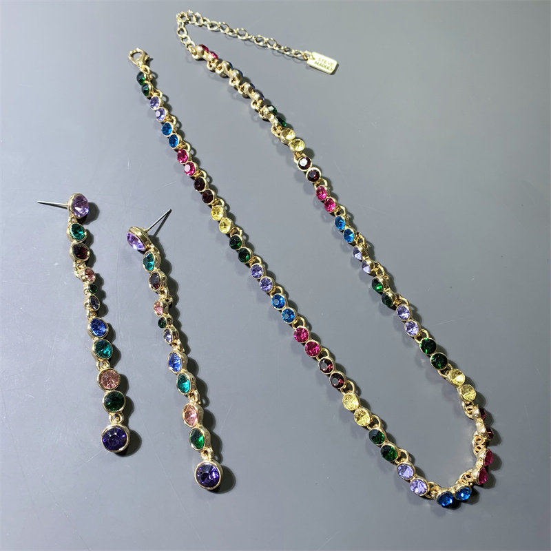 Vintage中古 Steve madden打标彩色玻璃钻耳线耳环短颈链项链套装