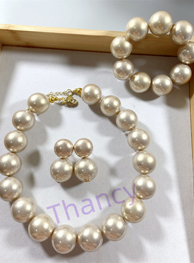 Vintage Joan Rivers打标大颗粒光泽感香槟淡金珍珠耳环手链项链