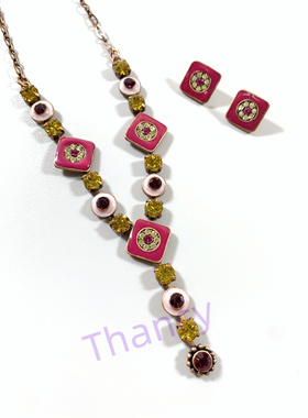 Vintage中古美国MONET打标复古百搭玫瑰金紫色珐琅耳钉项链套装