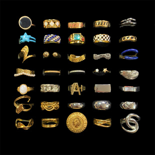 Vintage中古 高保色镀真金设计感珐琅彩宝指环戒指女孤品合集