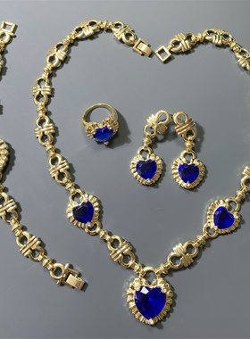 Vintage法国品FL打标海洋之心宝蓝爱心水晶耳环戒指项链手链套装