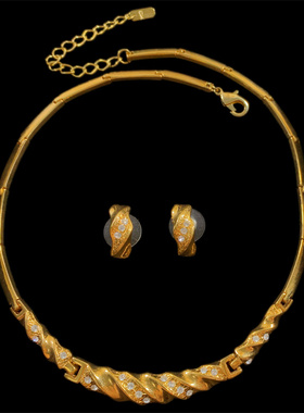 Vintage中古品牌打标经典素金款气质百搭圆弧型耳钉项圈项链套装