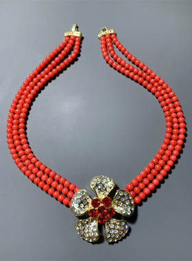 Vintage中古 中国红色琉璃珍珠多层短款复古气质百搭项链女