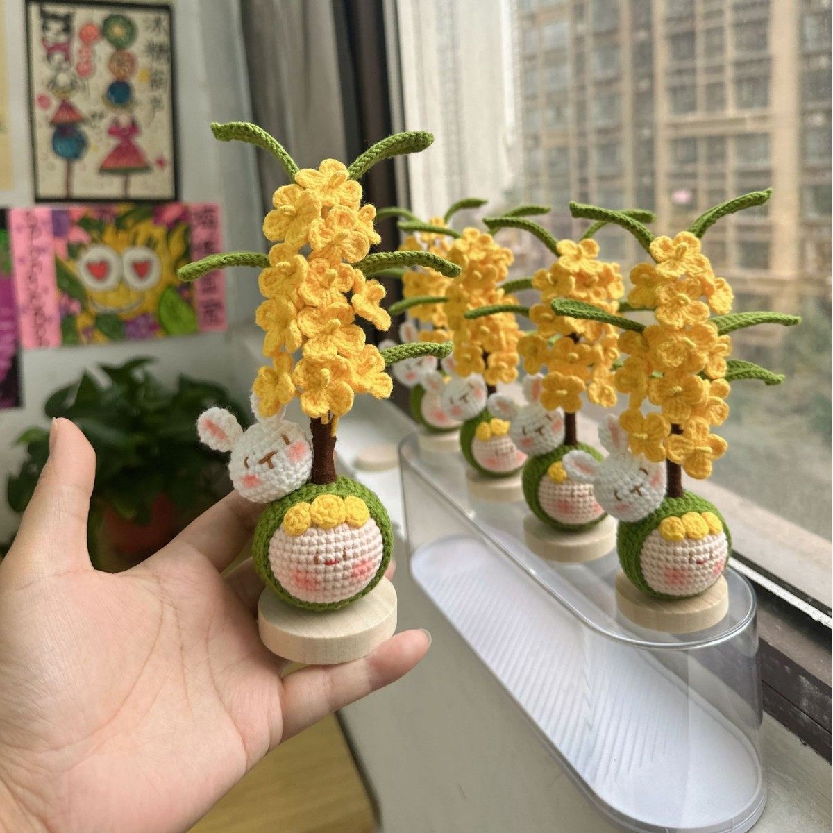 手工钩织桂花兔团子花束毛线编织成品摆件礼物送人装饰手工编织