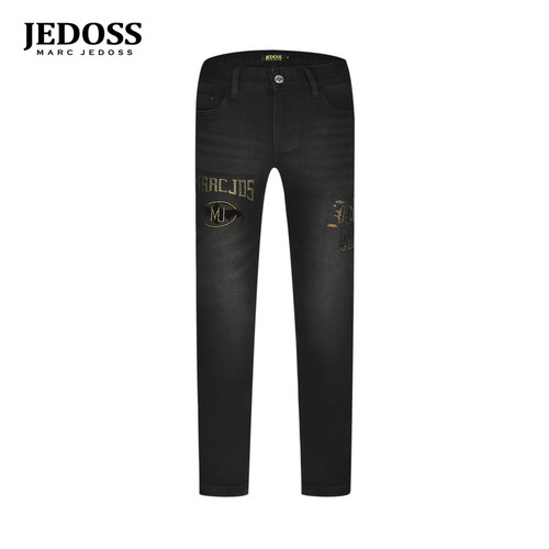 JEDOSS/爵迪斯男装秋季新款字母烫钻植绒黑色牛仔裤YH223SX