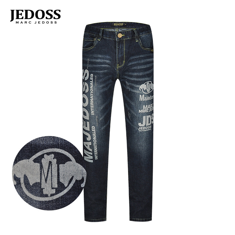 JEDOSS/爵迪斯男装秋冬新款字母烫印蓝色修身水洗牛仔裤长裤SX207
