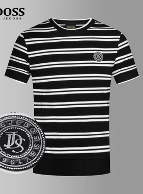 JEDOSS/爵迪斯男装夏季专柜新款百搭条纹皮质章仔短袖T恤183