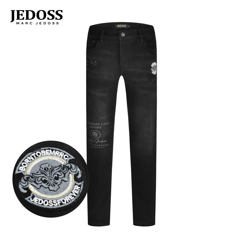 JEDOSS/爵迪斯男装2025秋冬新款字母章仔烫钻刺绣牛仔裤165SXB