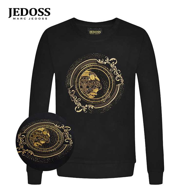 JEDOSS/爵迪斯男装秋冬新款经典烫钻胸图金线刺绣无帽卫衣116