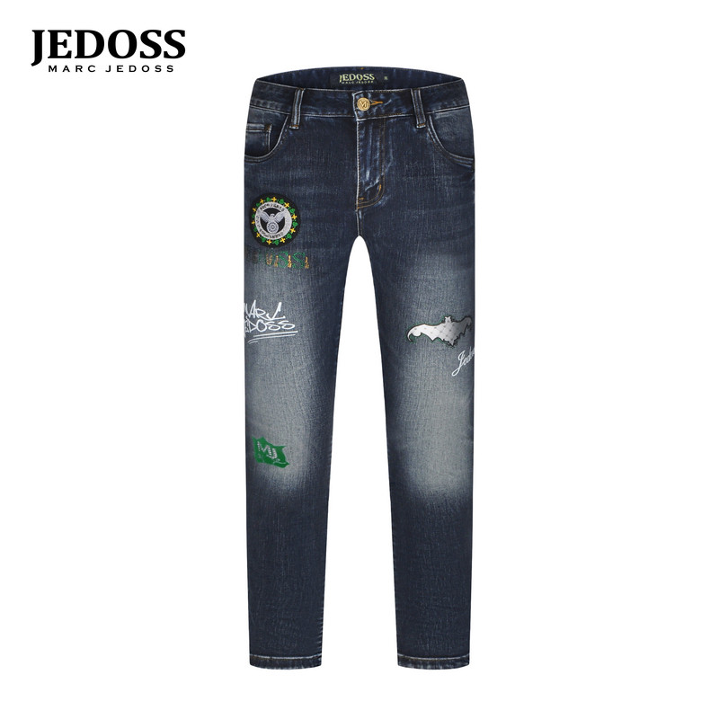 JEDOSS/爵迪斯男装秋季新款简约章仔刺绣绒感胶印牛仔裤117SX