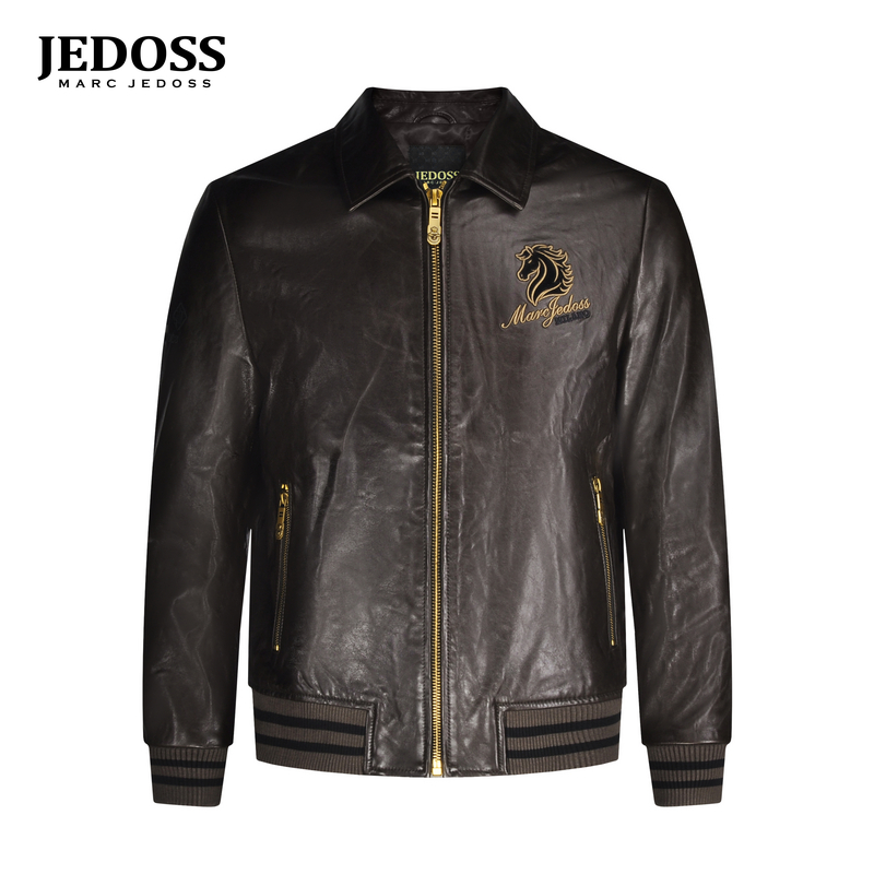 JEDOSS/爵迪斯男装2025秋冬新款简约骏马头黑金刺绣时尚皮衣RL512
