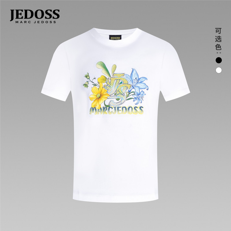 JEDOSS/爵迪斯男装2026春夏新款字母花卉热转印烫钻短袖T恤B0190