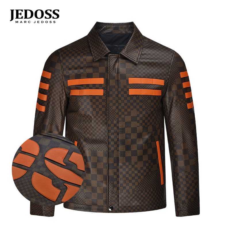 爵迪斯秋冬新款格纹真皮皮衣