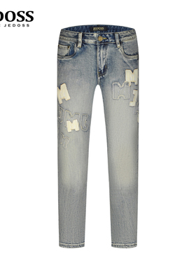 JEDOSS/爵迪斯男装2025初秋新款简约字母拼贴磨白蓝色牛仔裤SX102