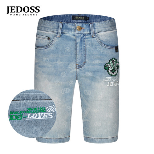 JEDOSS/爵迪斯男装夏季专柜新款满水印章仔刺绣牛仔中裤JZ335