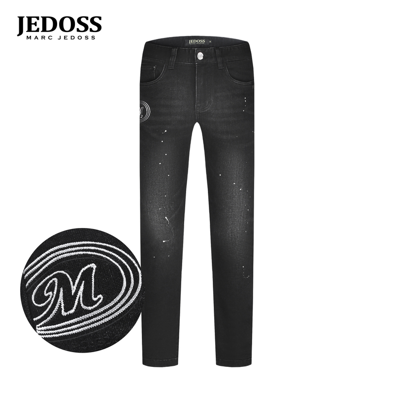 JEDOSS/爵迪斯男装2025秋冬新款字母刺绣压凸波点印花牛仔裤YL006