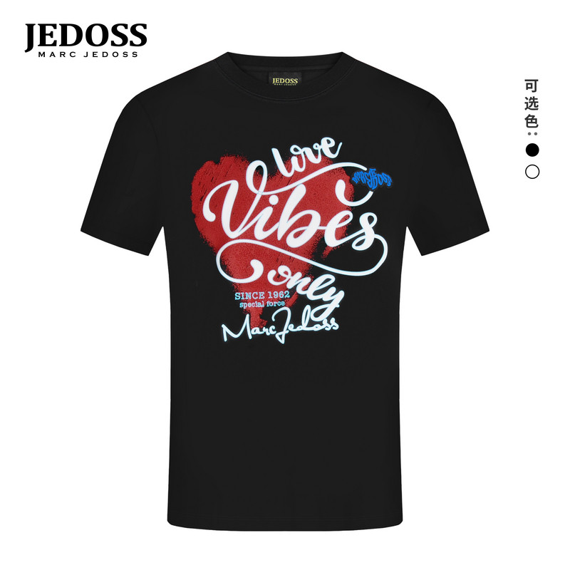 JEDOSS/爵迪斯男装2026春季新款爱心字母闪纱刺绣短袖T恤潮BZ065