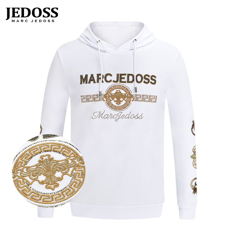 JEDOSS/爵迪斯男装秋冬专柜款logo金线绣连帽白色卫衣烫金潮0351