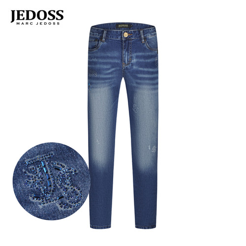 JEDOSS/爵迪斯男装2026夏季新款简约字母压凸烫钻印花牛仔裤003SX