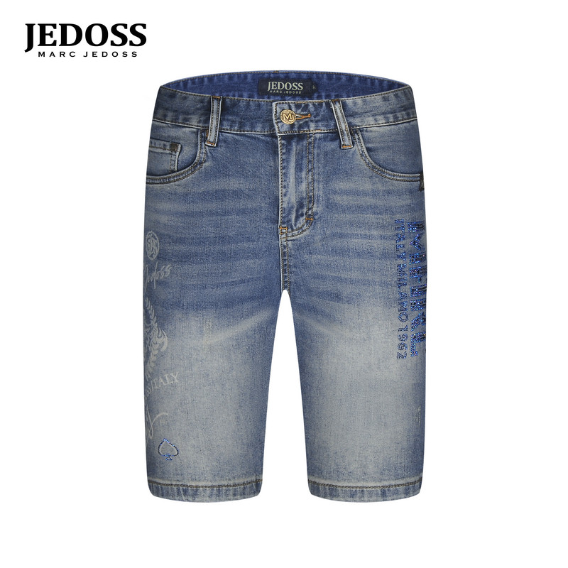 JEDOSS/爵迪斯男装2026夏季新款字母烫钻水印磨白牛仔中裤148SX图片