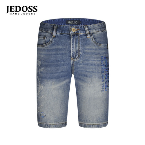 JEDOSS/爵迪斯男装2026夏季新款字母烫钻水印磨白牛仔中裤148SX