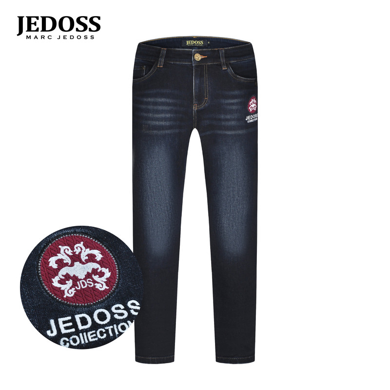 JEDOSS/爵迪斯男装秋季专柜新款简约章仔刺绣蓝色牛仔裤BC011