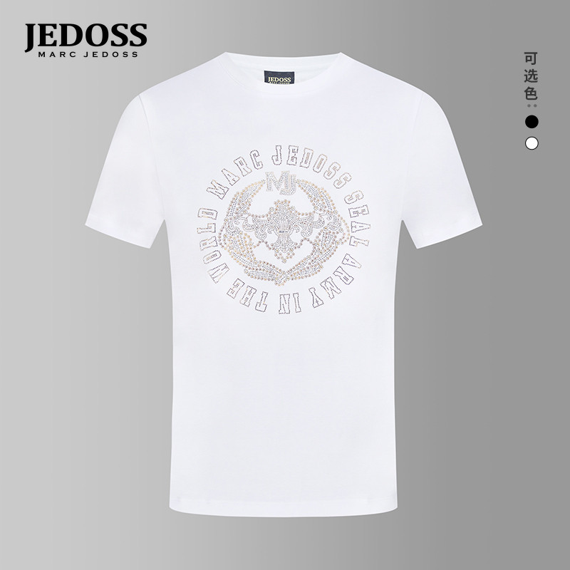 JEDOSS/爵迪斯男装2026春夏新款炫彩LOGO烫钻时尚短袖T恤潮HM572F