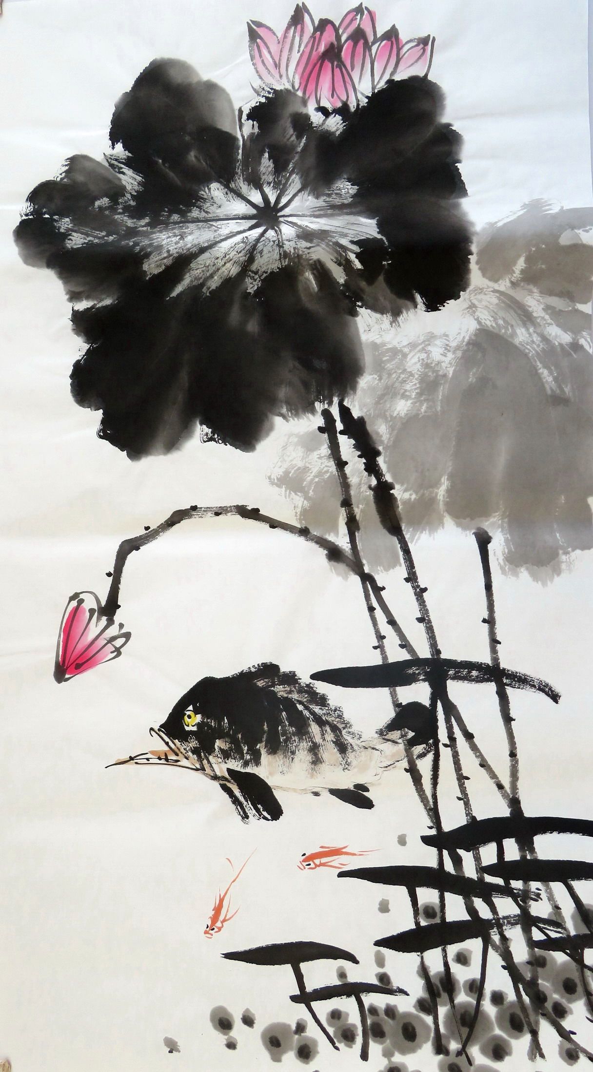 墨香村中堂客厅装饰竖幅挂画国画纯手绘花鸟三尺荷花清趣图16